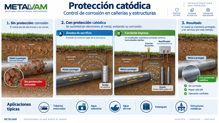 Esquema de protección catódica mediante ánodos de sacrificio y corriente impresa